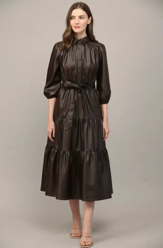 Faux Leather Tiered Midi