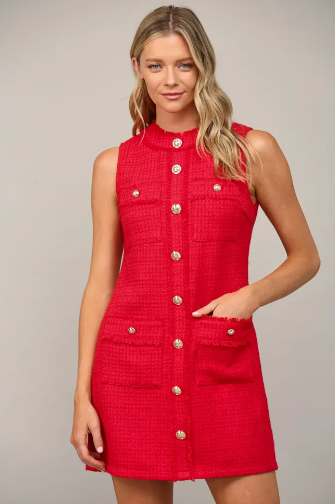 Front Patch Pocket Silver Tweed Dress