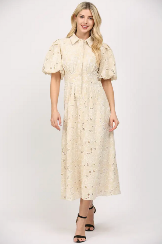 Pleated Waist Half Button Detail Eyelet Lace Dress