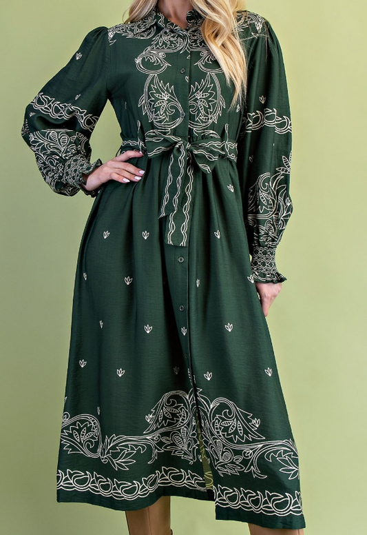 Olive Printed Midi Shirt Dress With A Waist Tie