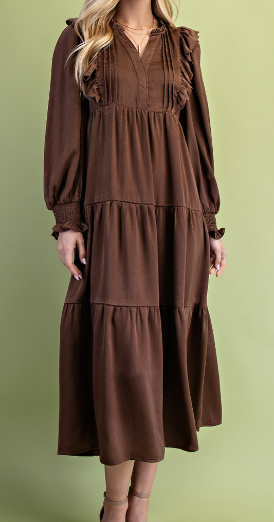 Mocha Tiered Long Sleeve Midi Dress