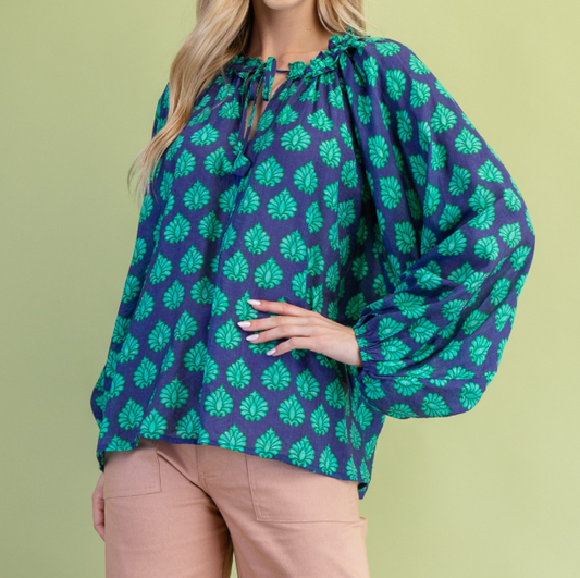 Navy Mix Printed Blouse With An Adjustable Tie String