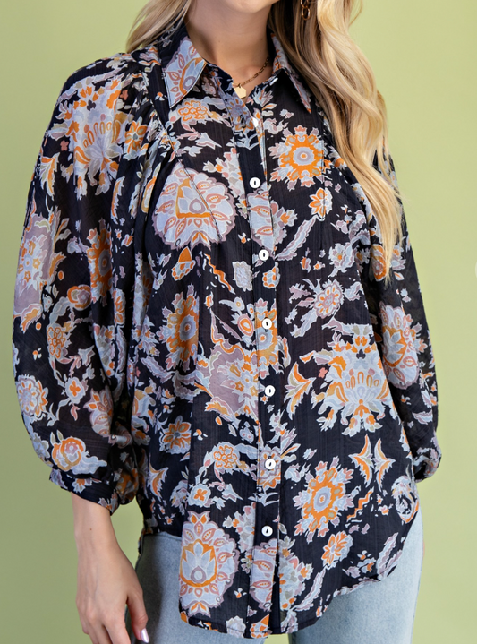 Black Lightweight Floral Print Button Down Shirt
