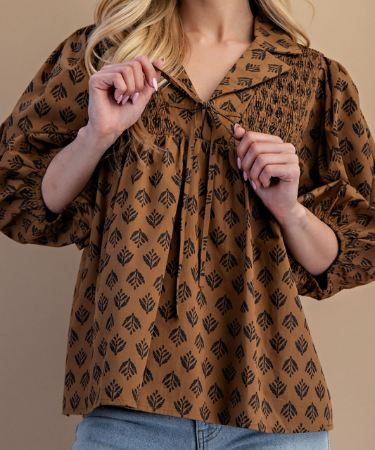 Brown Printed Front Tie Blouse