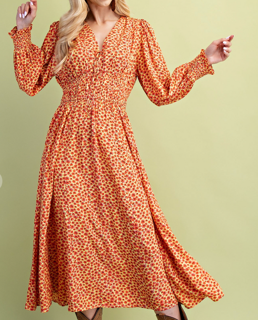 Ditsy Floral Print Midi Dress - Orange Mix