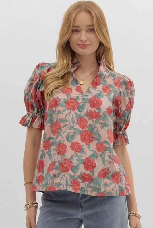 Floral pattern short puff sleeve top in Vintage Rose