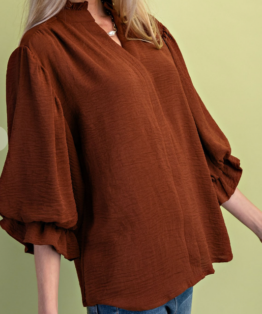3/4 Length Gathered Balloon Sleeve Blouse - Mocha