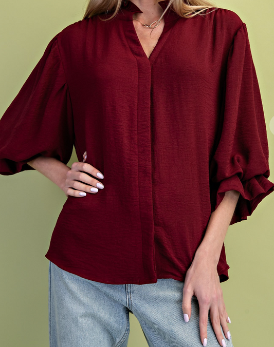 3/4 Length Gathered Balloon Sleeve Blouse - Burgundy