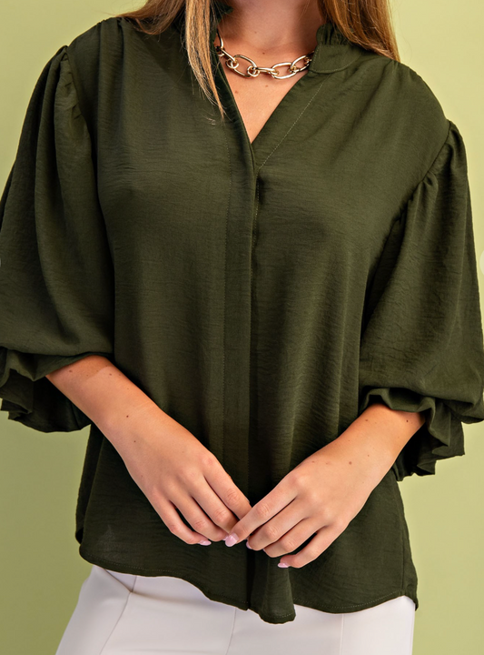 3/4 Length Gathered Balloon Sleeve Blouse - Olive