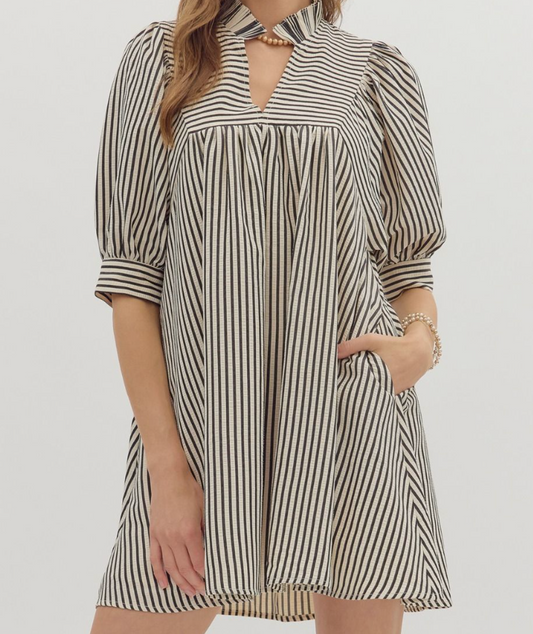 Striped Seersucker Puff Sleeve Mini Dress - Black