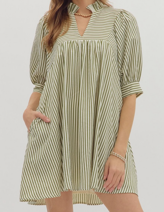 Striped Seersucker Puff Sleeve Mini Dress - Olive