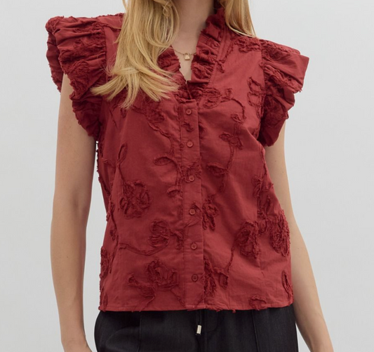 Floral Appliqué Bubble Flutter Sleeve Top - Cherry