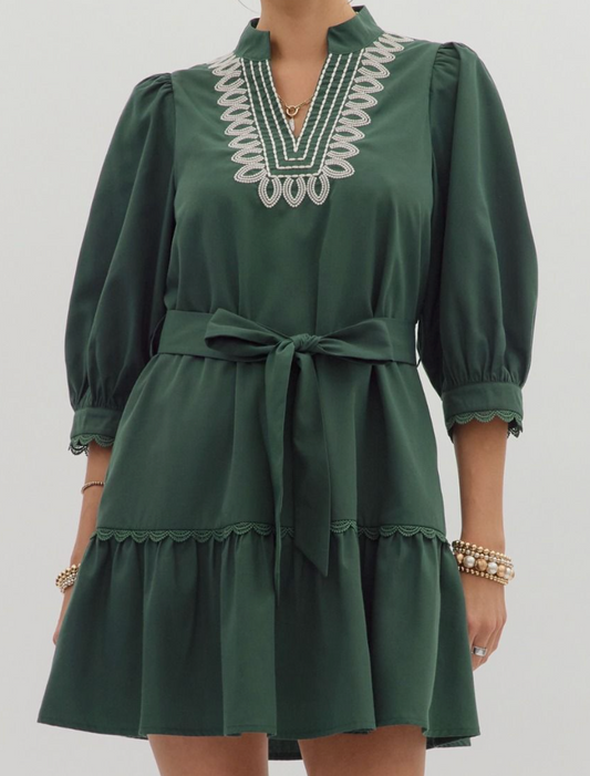 Cuff Band Sleeve Scallop Trim Mini Dress - Green