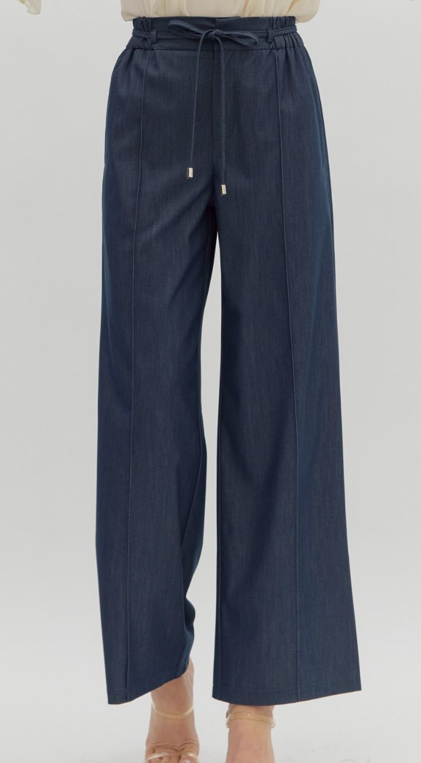 Solid High-waist Pintuck Front Wide-leg Pants