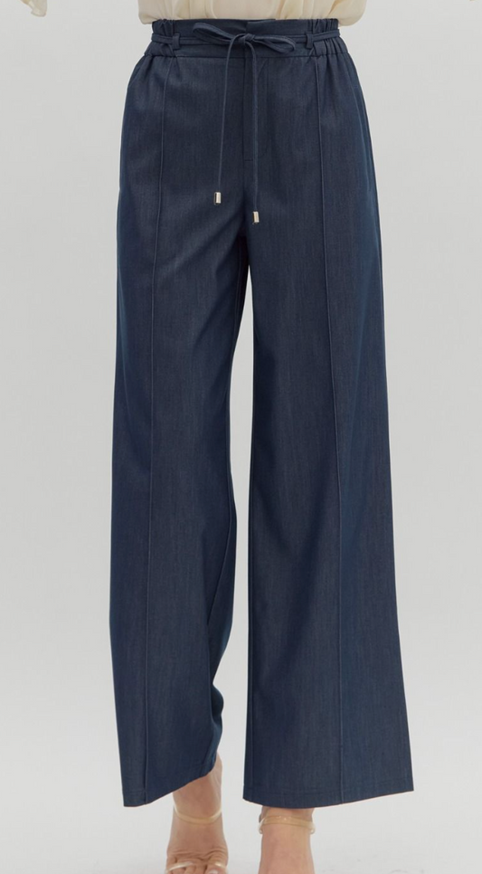 Solid High-waist Pintuck Front Wide-leg Pants