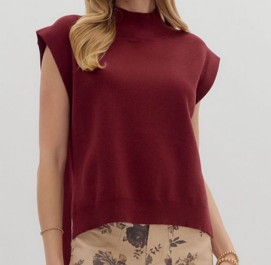 Solid Mock Neck Muscle Tee Sweater - Burgundy