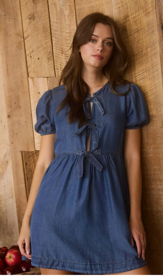 Dark Chambray Front Tie Puff Sleeve Mini Dress