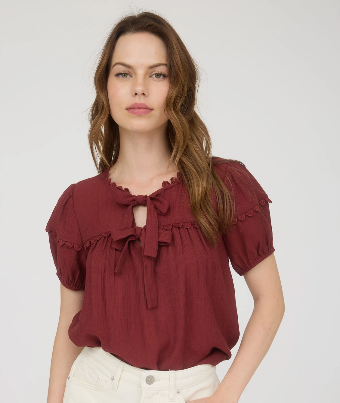 Scallop Trim Front Tie Detail Puff Sleeve Top