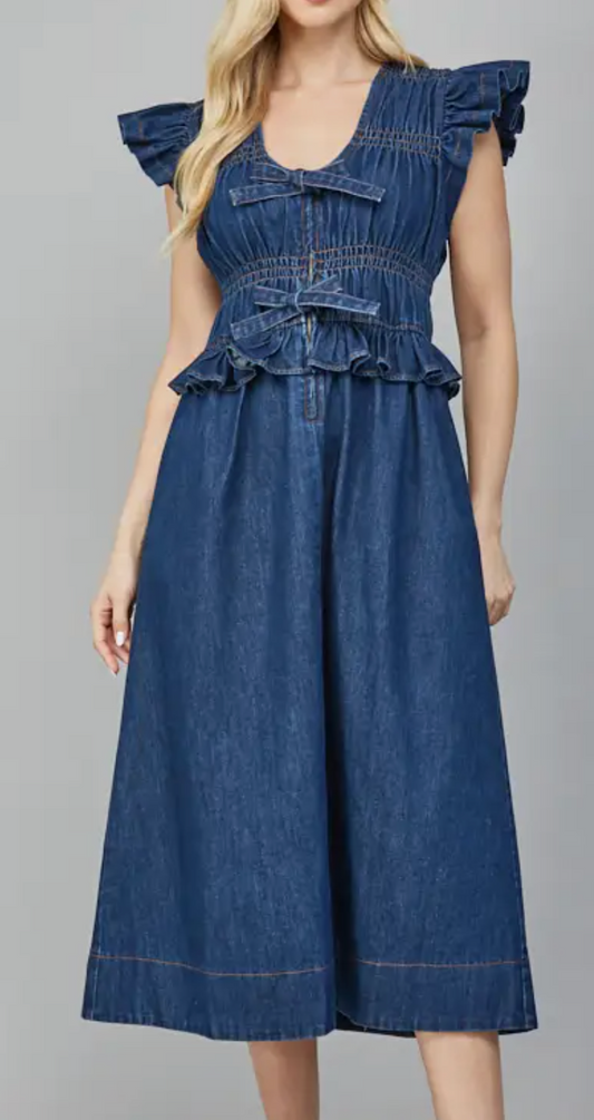 Ruffle Detail Flutter Sleeve Dress - Washed Denim