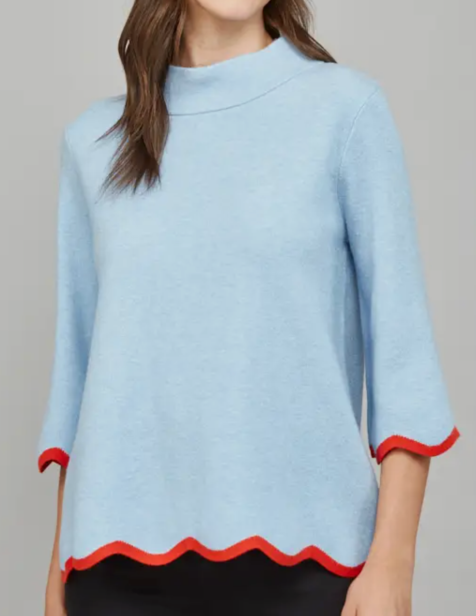 Scallop Edge Detailed Mock Neck Sweater Top -Soft Blue/ Orange Red