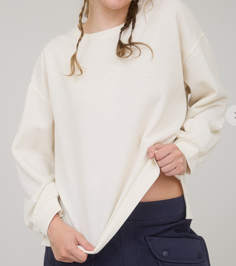 Round Neck Drop Shoulder Raw Edge Marled Knit Top
