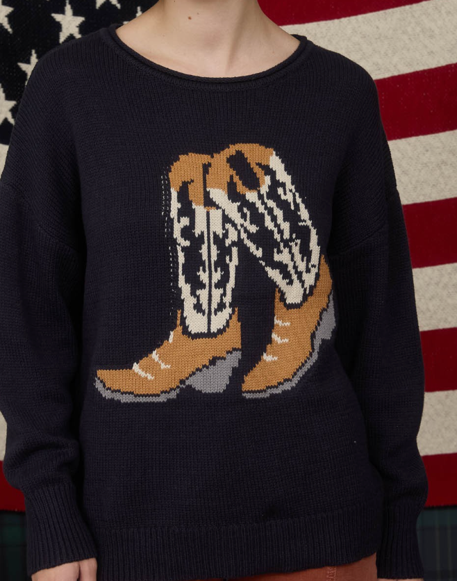 Western Boot Jacquard Long Sleeve Knit Sweater