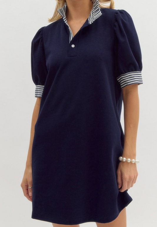 Solid Short Sleeve Pullover Polo Dress - Navy