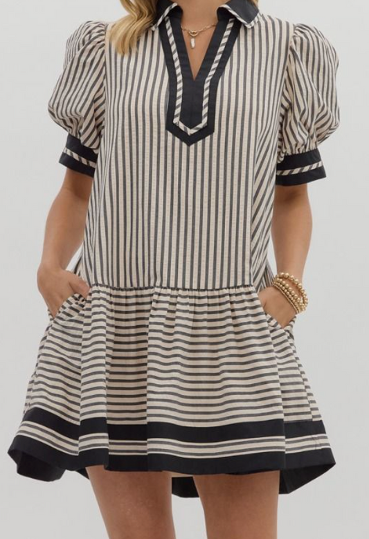 Textured Stripe Pattern Short Puff Sleeve Mini Dress