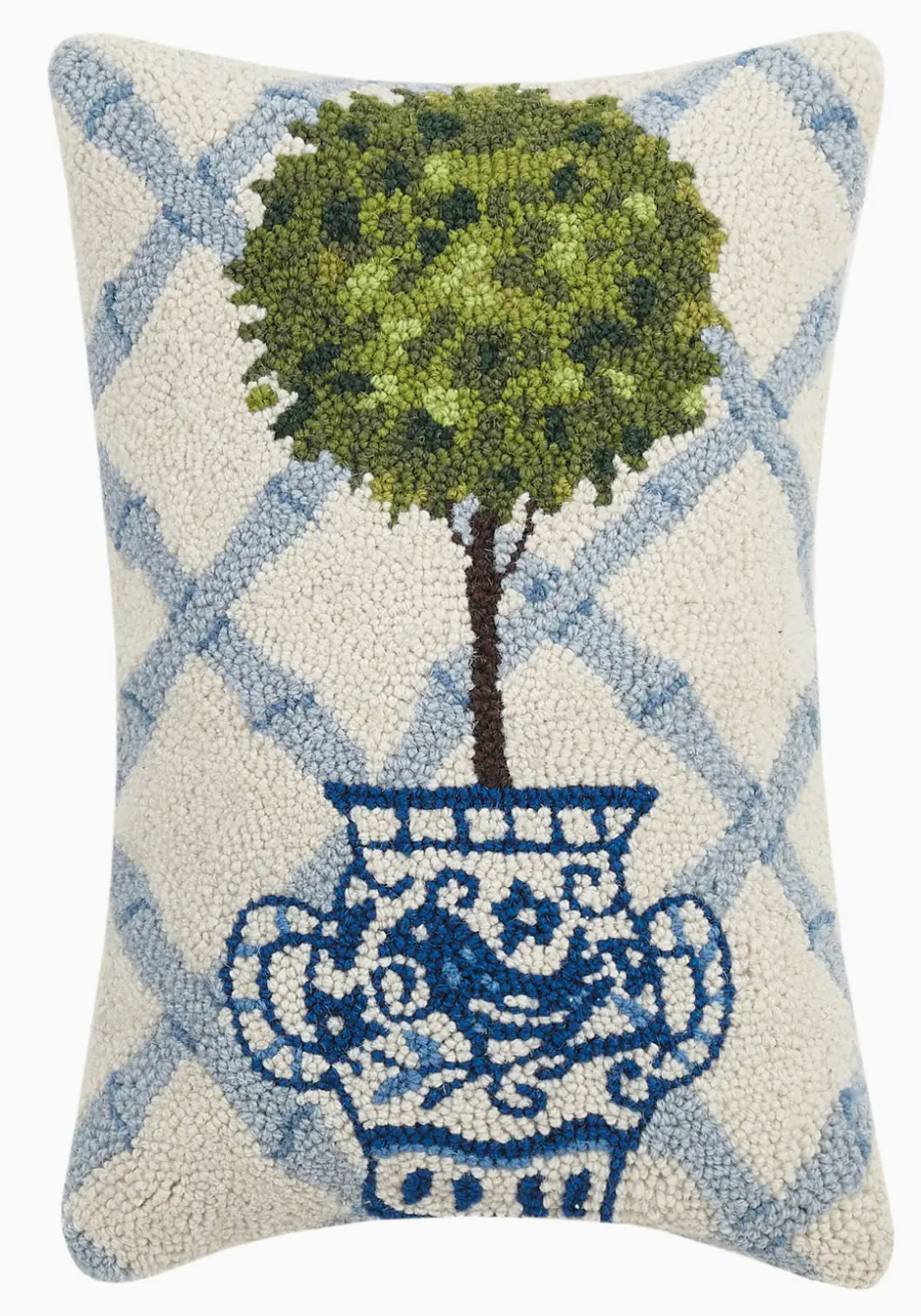 Ball Topiary Hook Pillow, Blue Trellis Pattern