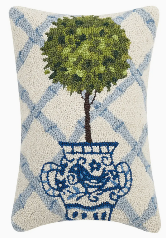 Ball Topiary Hook Pillow, Blue Trellis Pattern