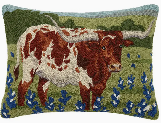 Longhorn in Blue Bonnets Field Hook Pillow
