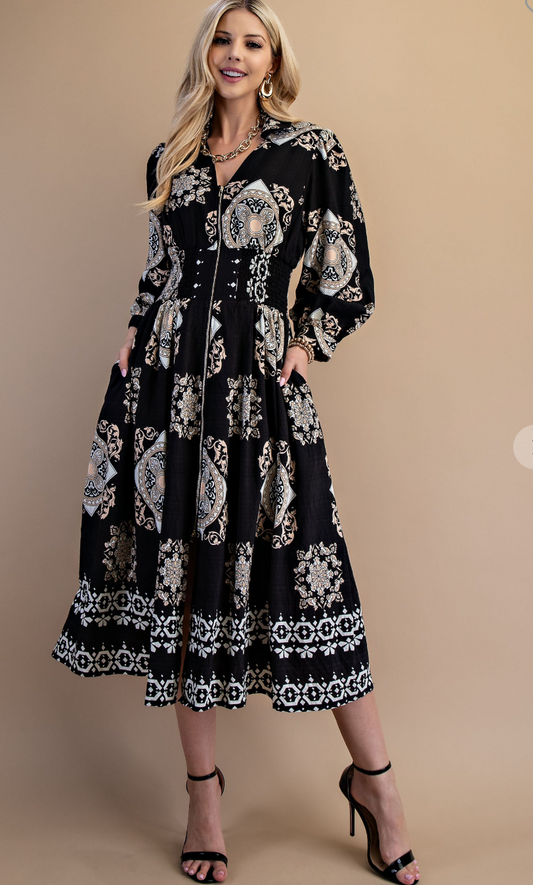Tile Print Long Sleeve Midi Dress - BLACK