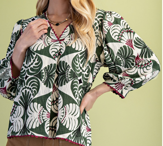 Printed V-neck Blouse - Green Mix
