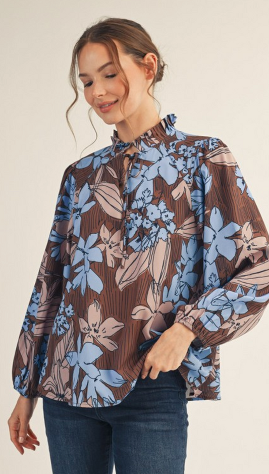 Pleated Neckline Floral Peasant Top