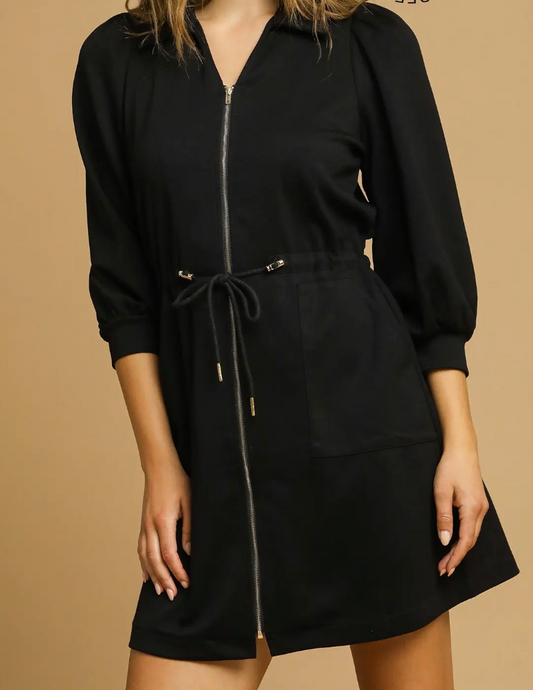 Zip-Up Mini Dress with Drawstring Waist - Black