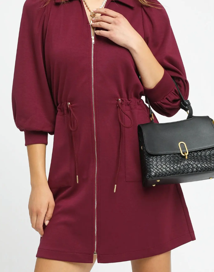 Zip-Up Mini Dress with Drawstring Waist - Burgundy
