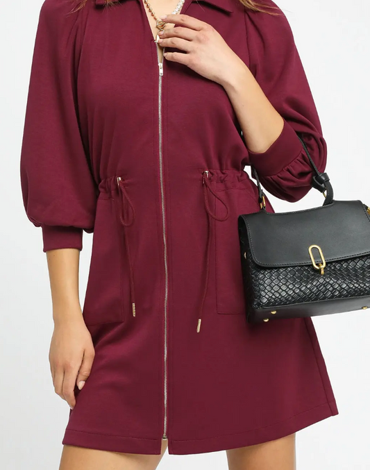 Zip-Up Mini Dress with Drawstring Waist - Burgundy