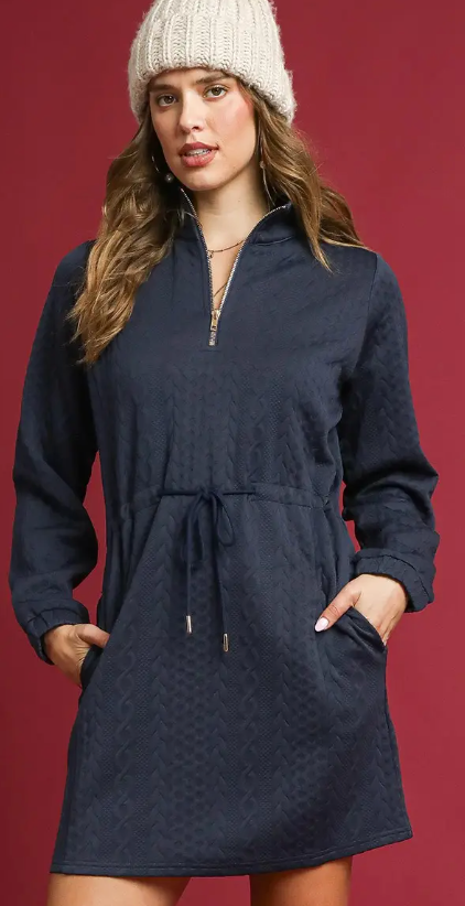 Cable Knit Quarter-Zip Dress - Midnight