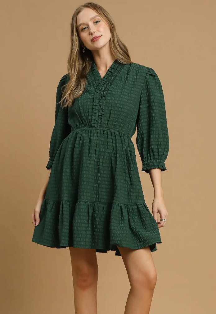 Ruffle Trim Textured Babydoll Dress - Palm Green