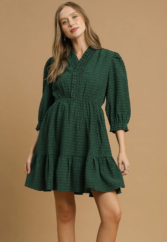 Ruffle Trim Textured Babydoll Dress - Palm Green