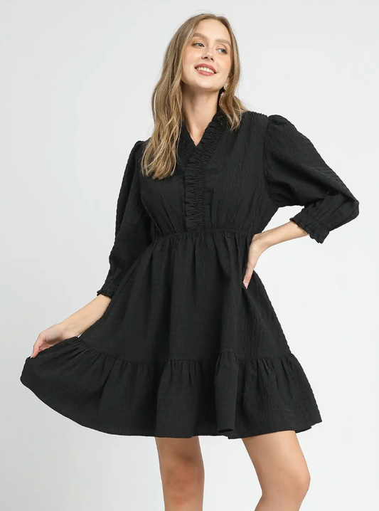 Ruffle Trim Textured Babydoll Dress - Black