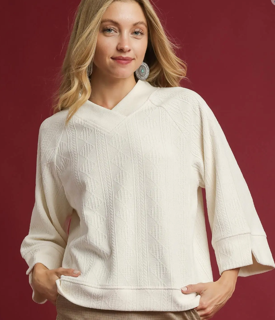 Textured Knit V-Neck Top - Ecru