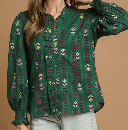 Striped Floral Print V-Neck Top - Forest Green