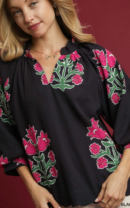 Bubble Sleeved Tulip Print Split V Neck Top - Black