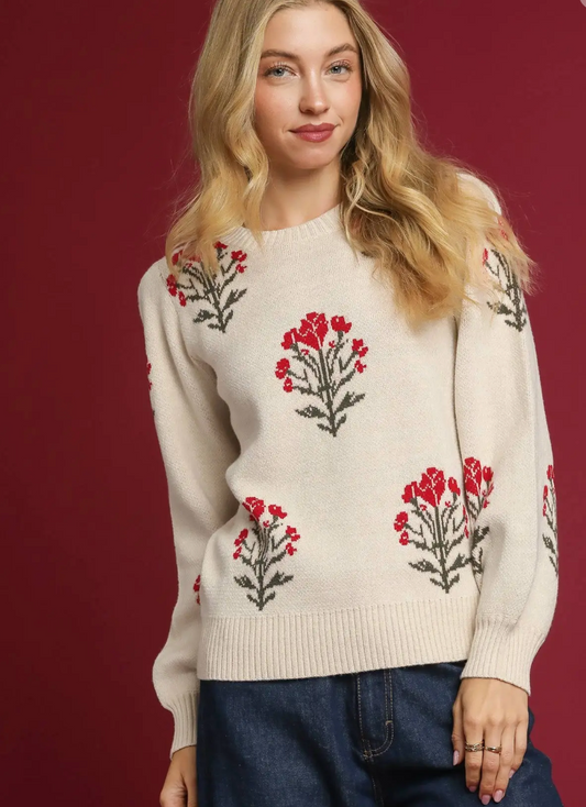 Single Flower Stem Jacquard Pullover Sweater - Ecru