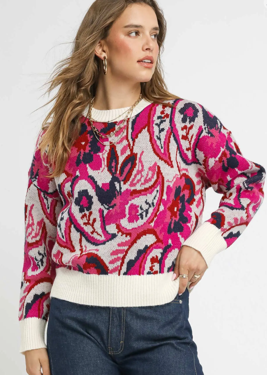 Paisley Knit Sweater with Ribbed Trim - Navy and Pink