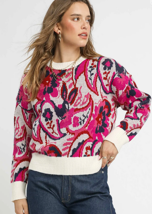 Paisley Knit Sweater with Ribbed Trim - Navy and Pink