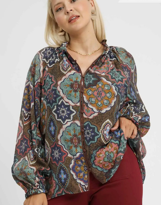 Boho Mosaic Print Button Down Blouse - Brown