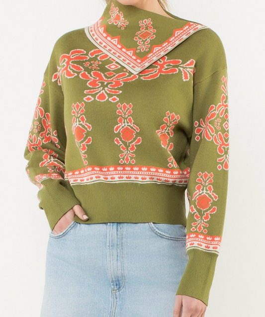 Long Sleeve Print  Sweater - Olive
