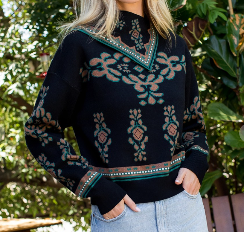 Long Sleeve Print  Sweater - Black